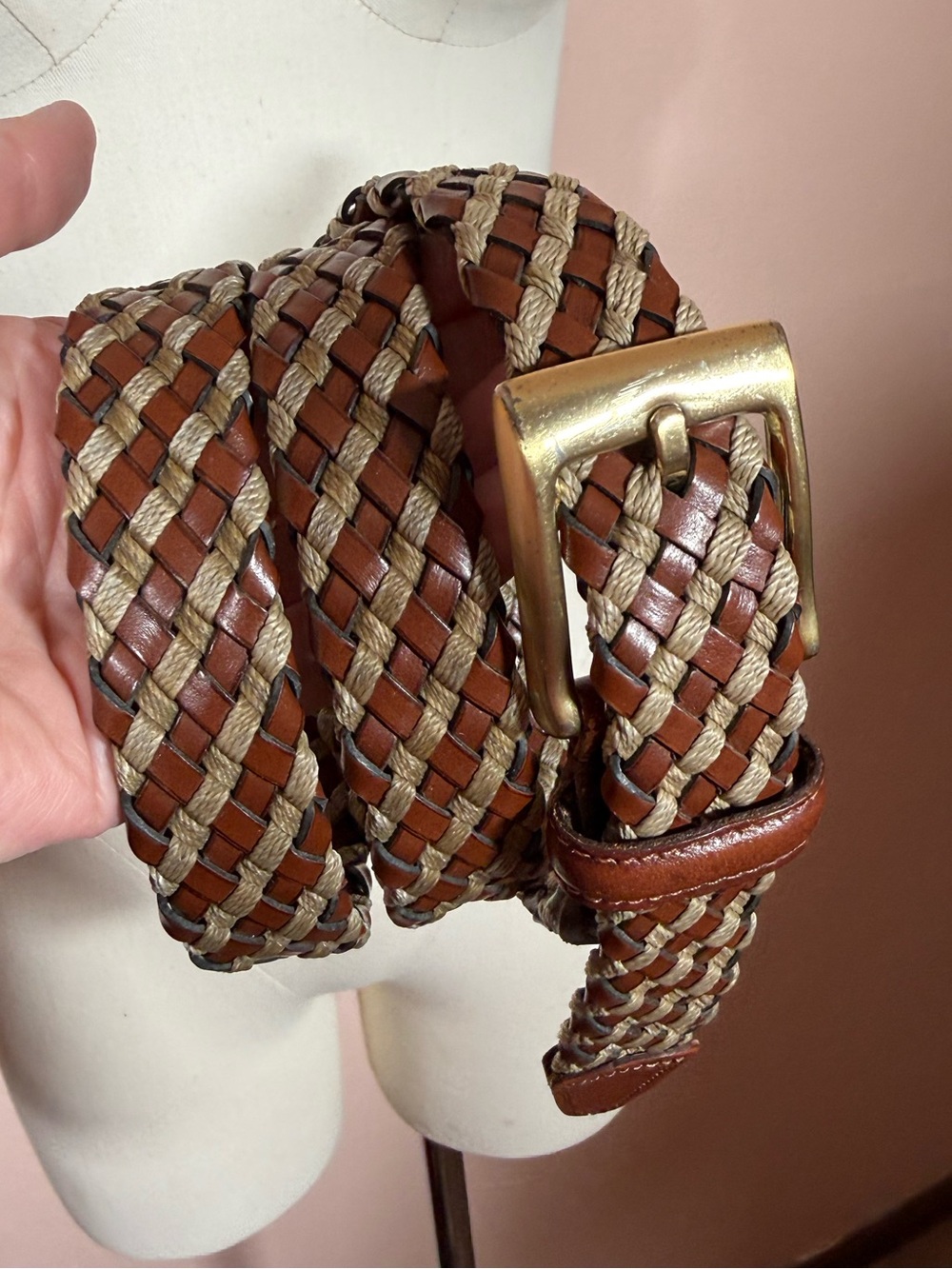 Vintage Argentina woven brown leather canvas adjustable belt 38 Unisex